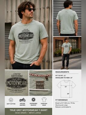 True Grit Motorwear Graphic T-Shirt Sage Green Distressed Logo Men's Small 22x28